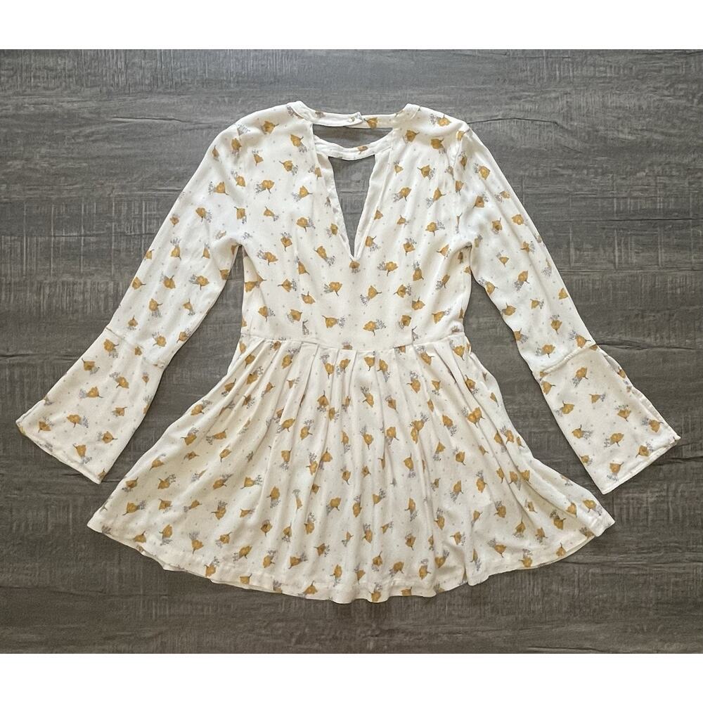 Free People Womens Tegan Long Bell Sleeve Floral Printed Boho Mini Dress Size 2 - Picture 3 of 13